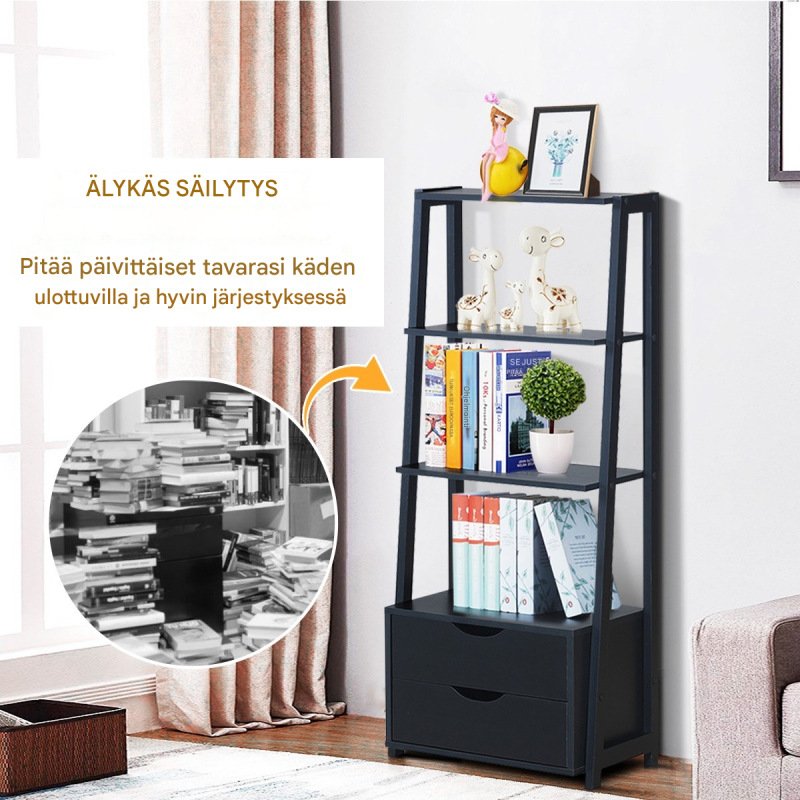 Moderni musta tikashylly neljällä tasolla ja laatikoilla Moderni musta tikashylly neljällä tasolla ja laatikoilla
