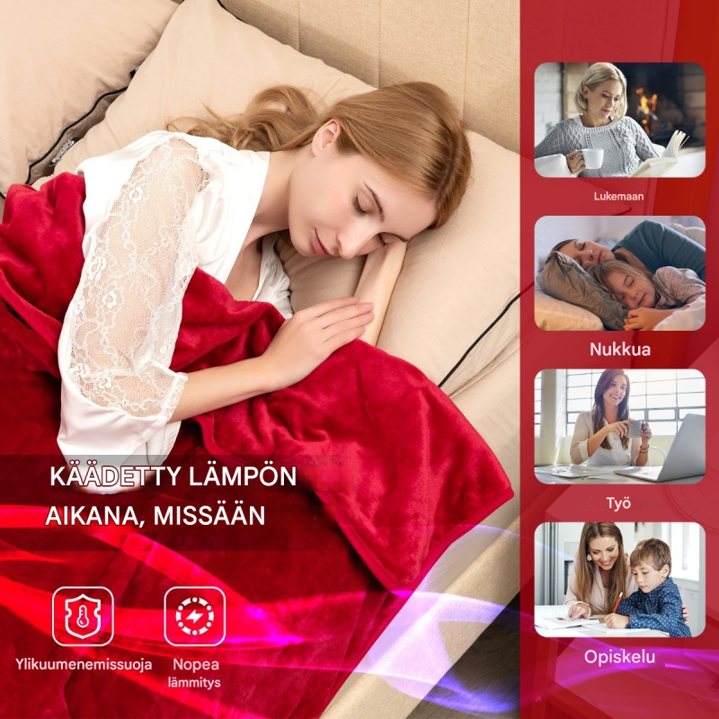 Sähköinen lämpöpeitto 9 lämmitystasoa punainen flanelli