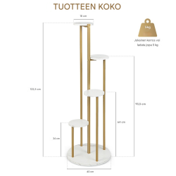 Kultakehyksinen valkoinen 4-tasoinen metallinen kasviteline