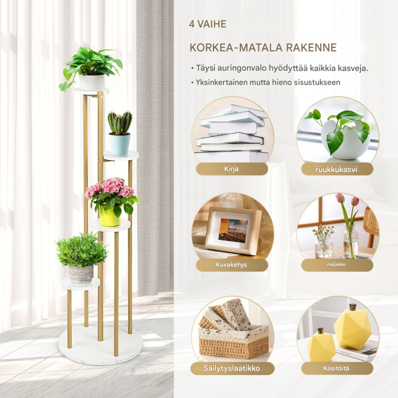 Kultakehyksinen valkoinen 4-tasoinen metallinen kasviteline