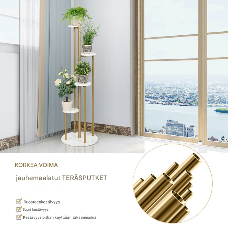 Kultakehyksinen valkoinen 4-tasoinen metallinen kasviteline