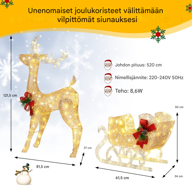 Valaistu kultainen poro ja reki joulukoriste ulkokäyttöön