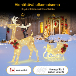 Valaistu kultainen poro ja reki joulukoriste ulkokäyttöön