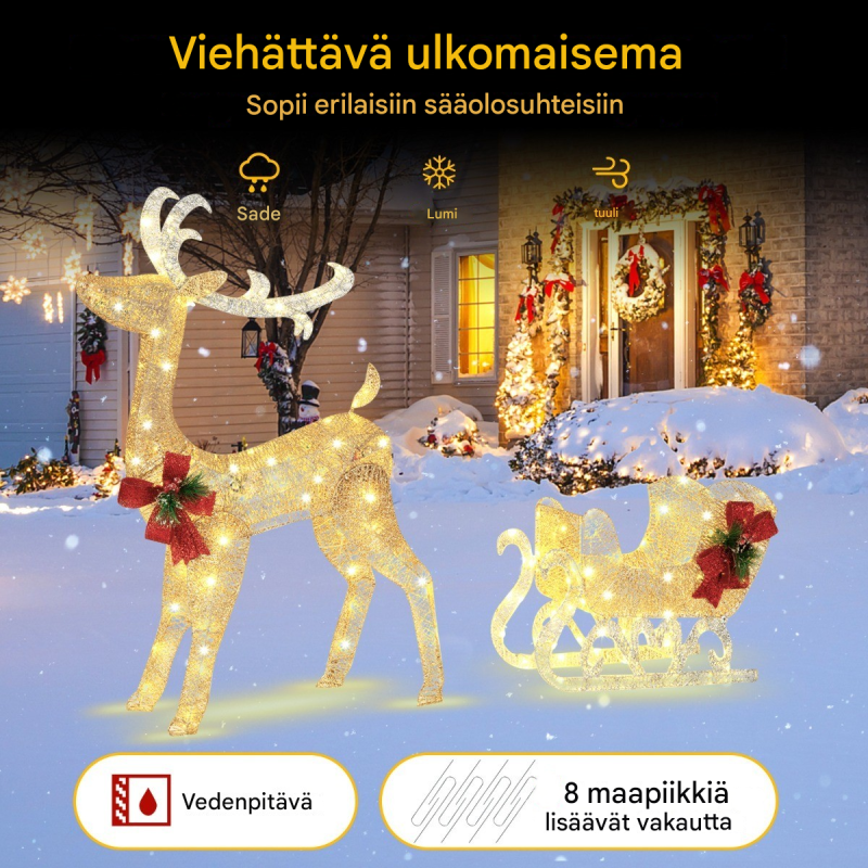 Valaistu kultainen poro ja reki joulukoriste ulkokäyttöön