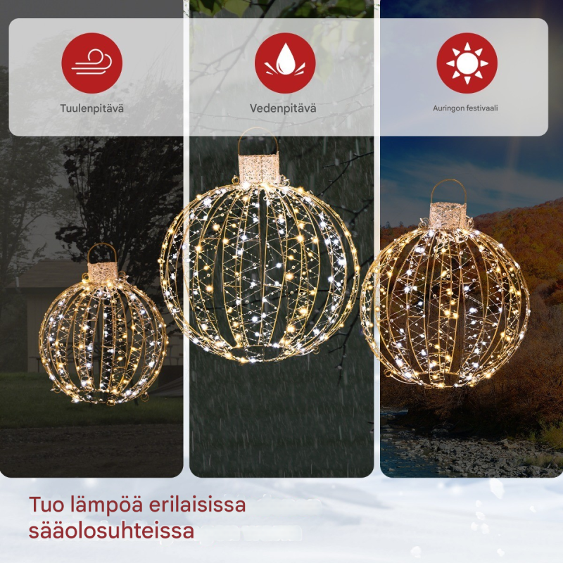 Kolmen kultaisen LED-valopallon setti juhlavalaisuun