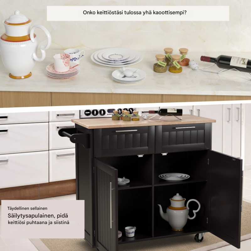 Monikäyttöinen keittiövaunu kahvinvärinen säilytyksellä ja pyörillä