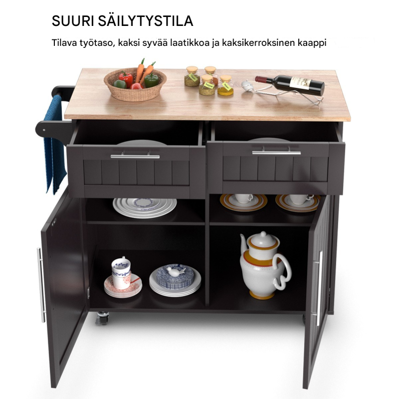 Monikäyttöinen keittiövaunu kahvinvärinen säilytyksellä ja pyörillä