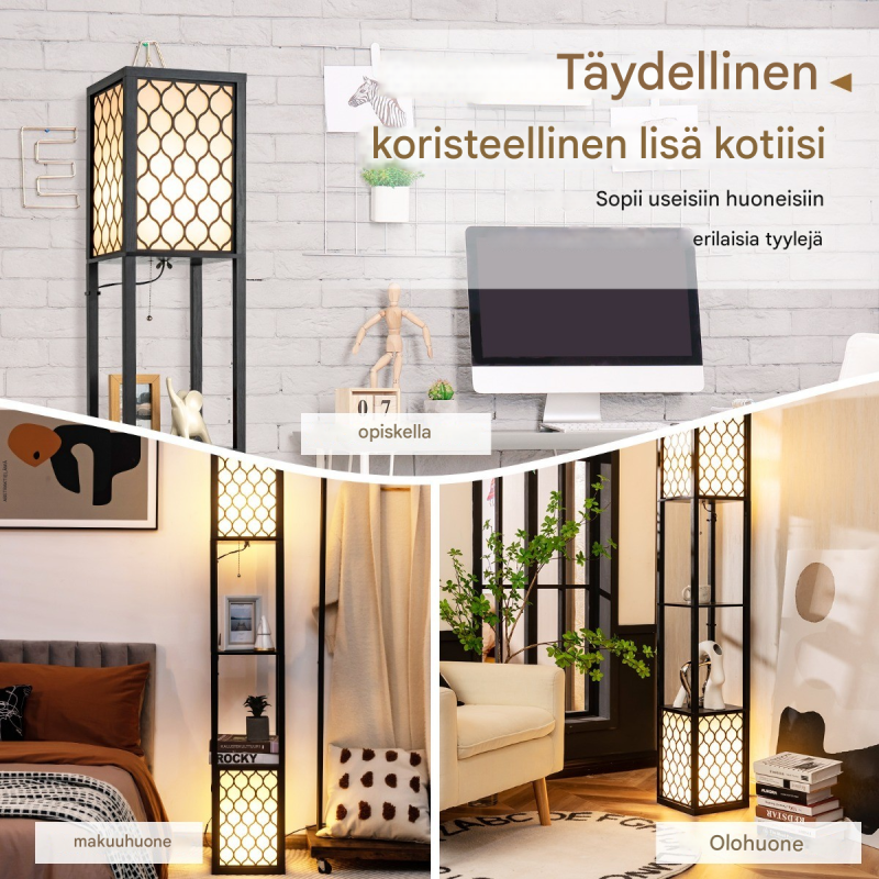 Monikäyttöinen musta lattiavalaisin hyllyillä ja lampunvarjostimella