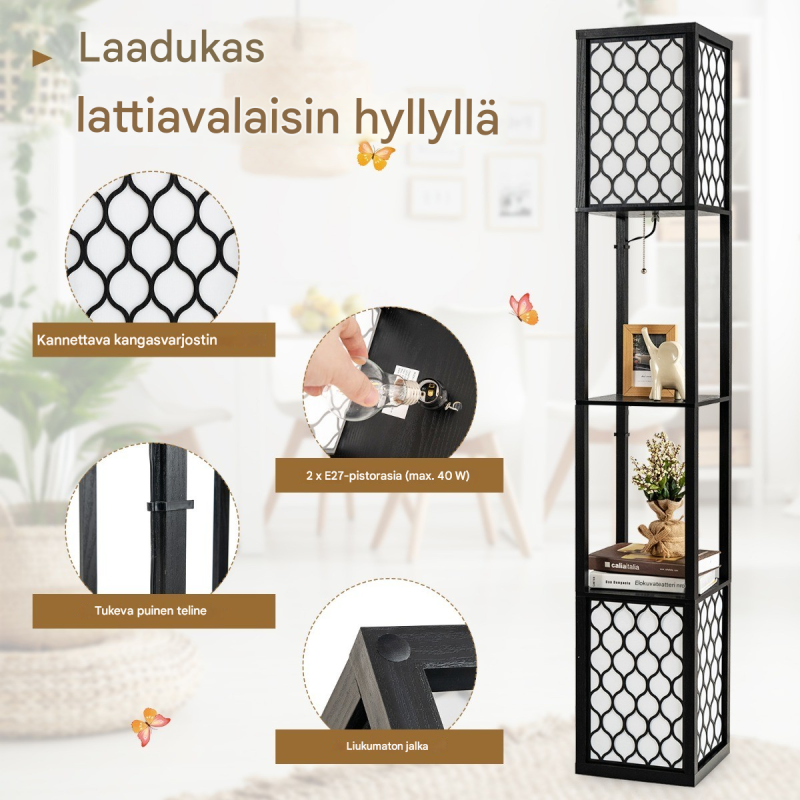 Monikäyttöinen musta lattiavalaisin hyllyillä ja lampunvarjostimella