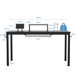 Ergonominen musta pelipöytä monitoritasolla ja lisävarusteilla