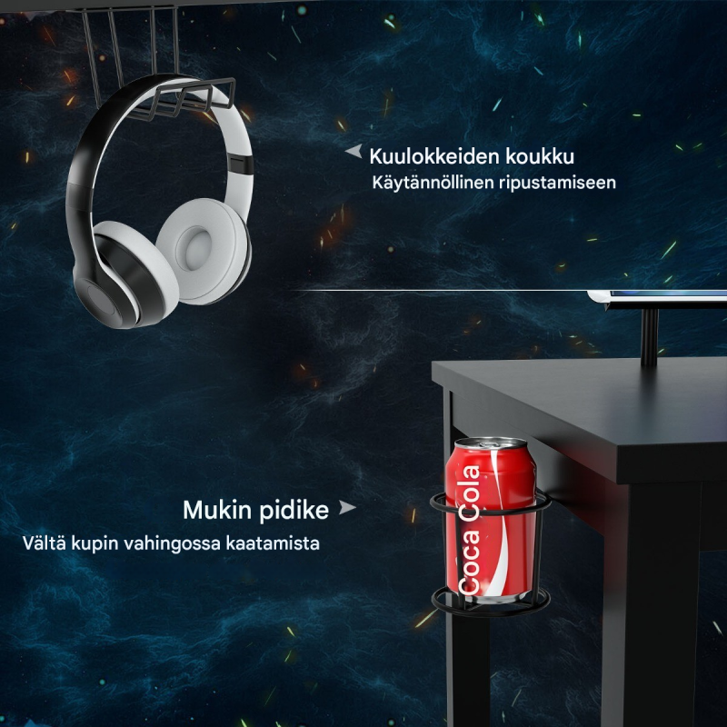 Ergonominen musta pelipöytä monitoritasolla ja lisävarusteilla