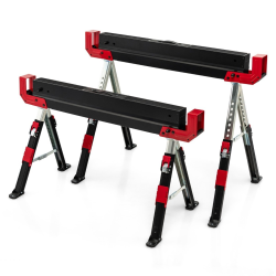 Taitettava teräksinen sahapukki, säädettävä korkeus, punainen ja musta