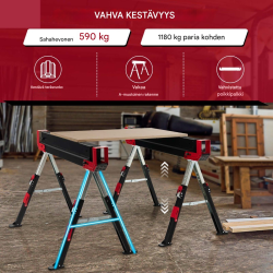Taitettava teräksinen sahapukki, säädettävä korkeus, punainen ja musta