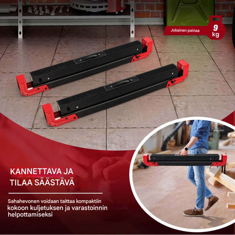Taitettava teräksinen sahapukki, säädettävä korkeus, punainen ja musta
