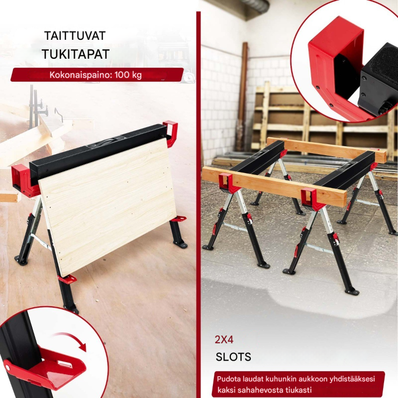 Taitettava teräksinen sahapukki, säädettävä korkeus, punainen ja musta