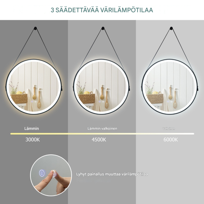 Pyöreä hopeinen LED-kylpyhuonepeili, säädettävä kirkkaus ja värilämpötila