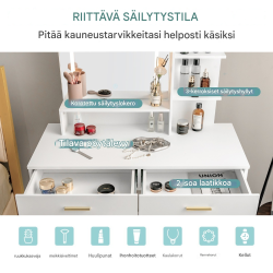 Meikkipöytäsetti suurella peilillä ja jakkaralla valkoinen