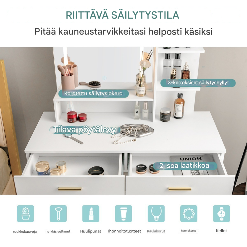 Meikkipöytäsetti suurella peilillä ja jakkaralla valkoinen