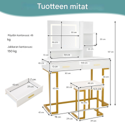 Meikkipöytäsetti suurella peilillä ja jakkaralla valkoinen