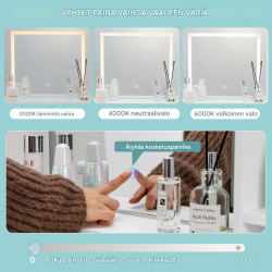 Meikkipöytäsetti suurella peilillä ja jakkaralla valkoinen