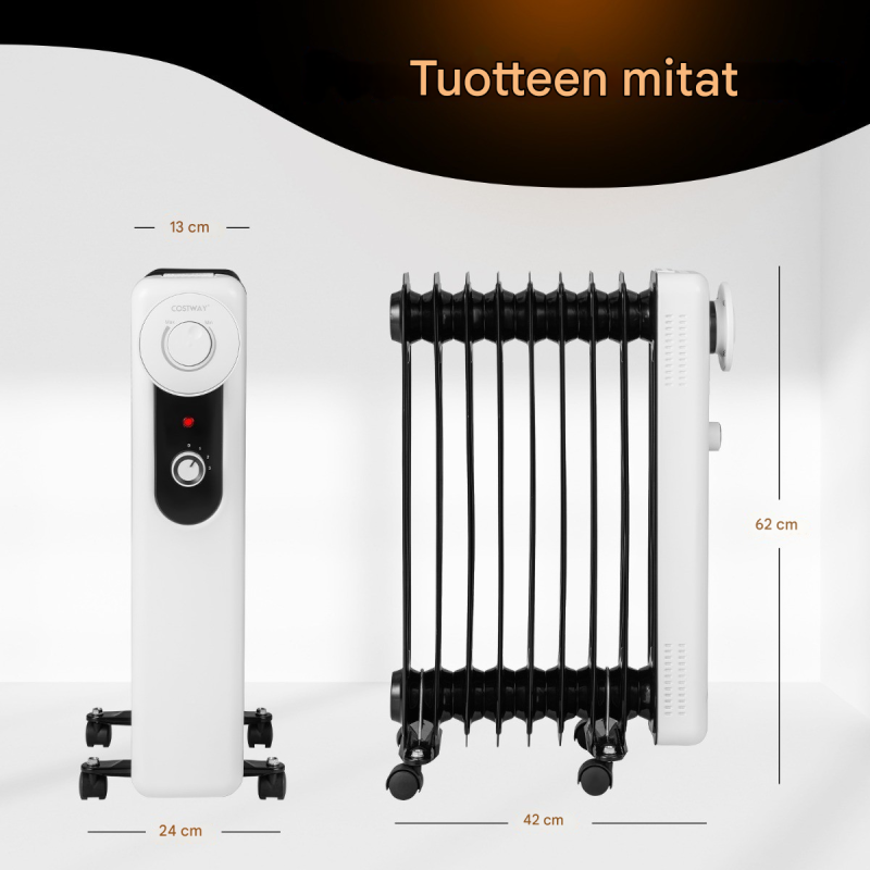 Öljytäytteinen musta lämmitin, 3 tehoa, termostaatti