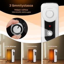 Öljytäytteinen musta lämmitin, 3 tehoa, termostaatti