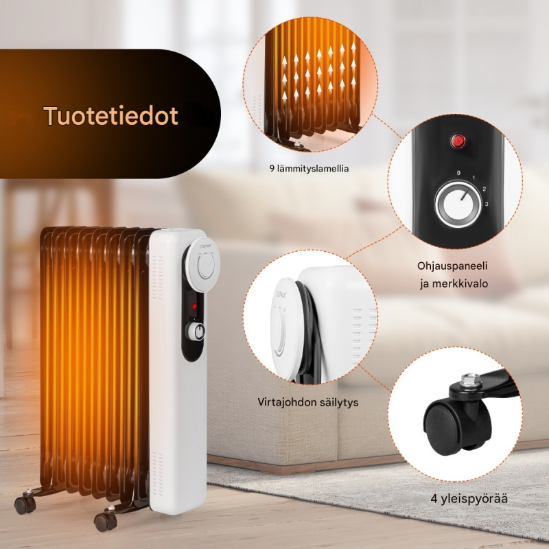 Öljytäytteinen musta lämmitin, 3 tehoa, termostaatti