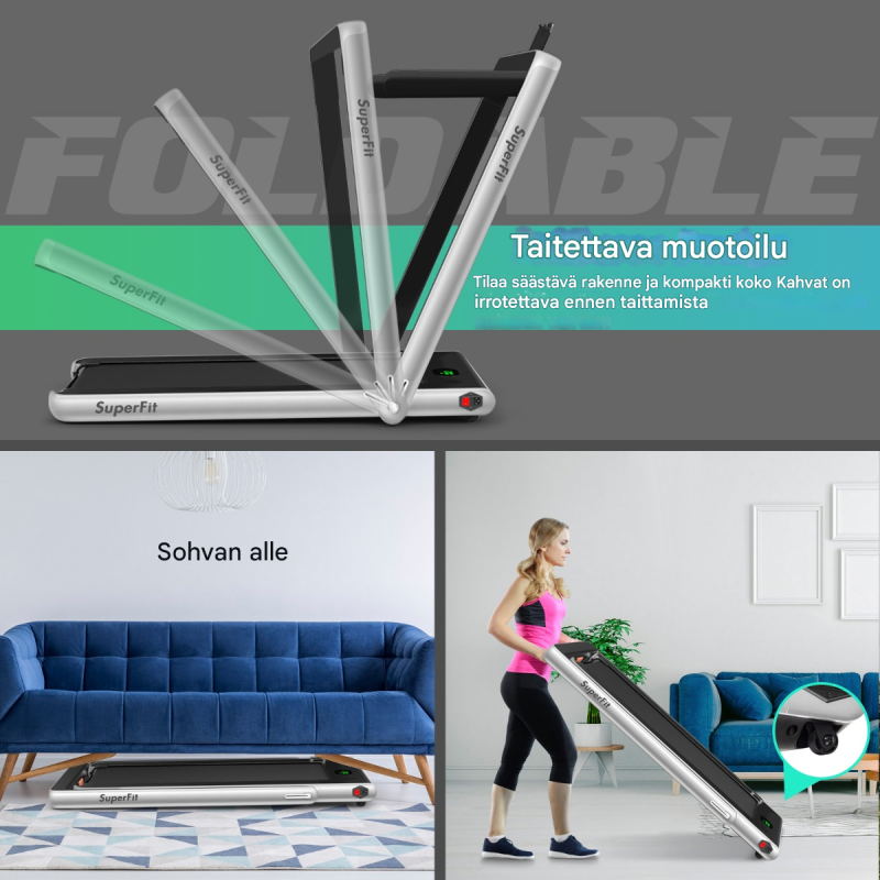 2-in-1 taitettava juoksumatto, hiljainen moottori, hopea