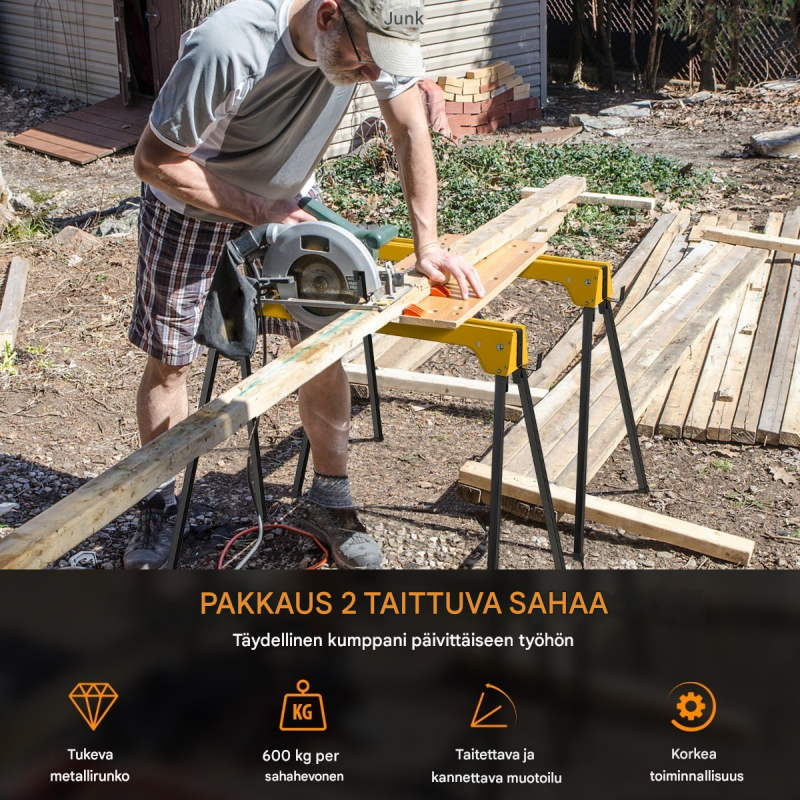 Keltainen taitettava sahapukki 2 kpl, vankka ja kevyt