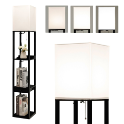 Moderni musta lattiavalaisin säilytystilalla ja USB-latausmahdollisuudella