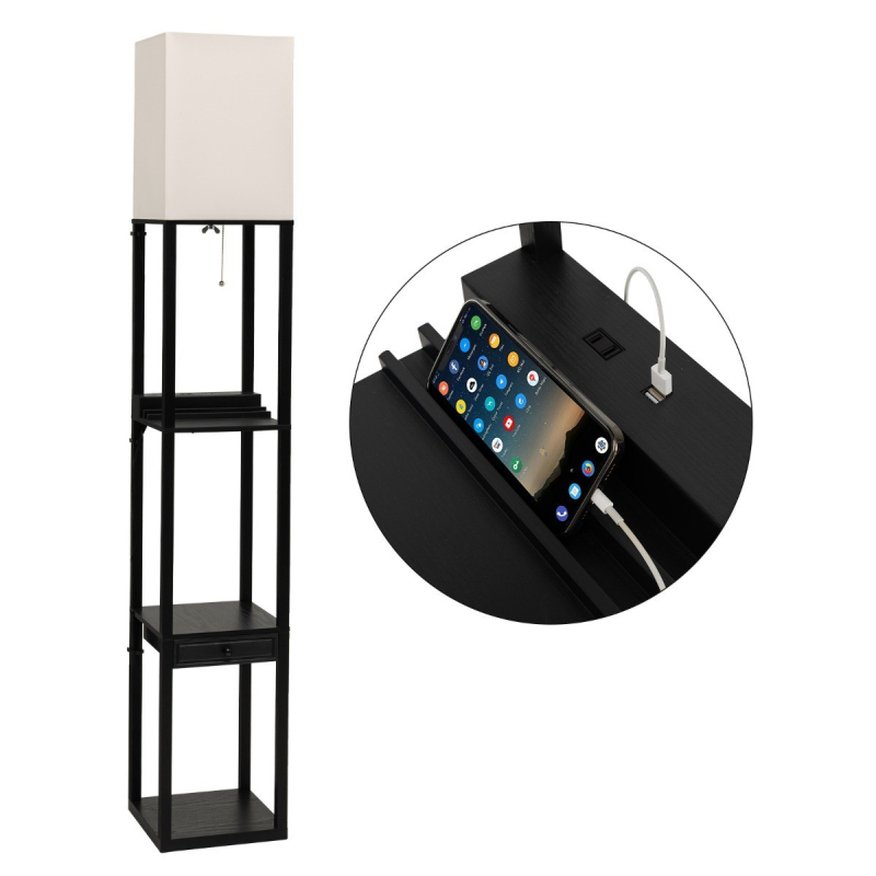 Moderni musta lattiavalaisin säilytystilalla ja USB-latausmahdollisuudella