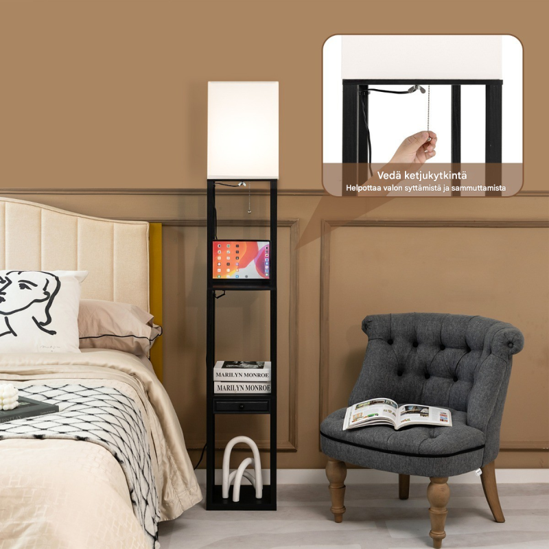 Moderni musta lattiavalaisin säilytystilalla ja USB-latausmahdollisuudella