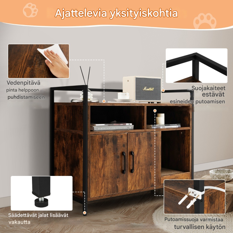 Kaksiosainen kissakaappi raapimisalustalla ja tuuletusaukoilla, kahvi