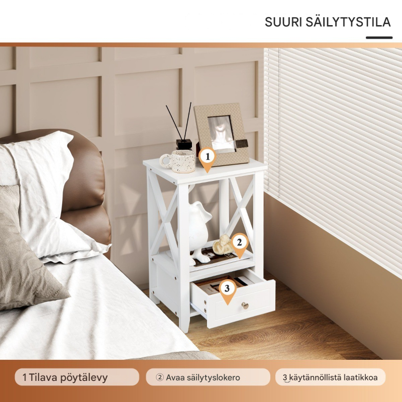 Moderni valkoinen yöpöytä X-muotoilu kahdella tasolla