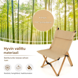 Kannettava kokoontaitettava bambu-campingtuoli, säädettävä selkänoja, luonnonväri