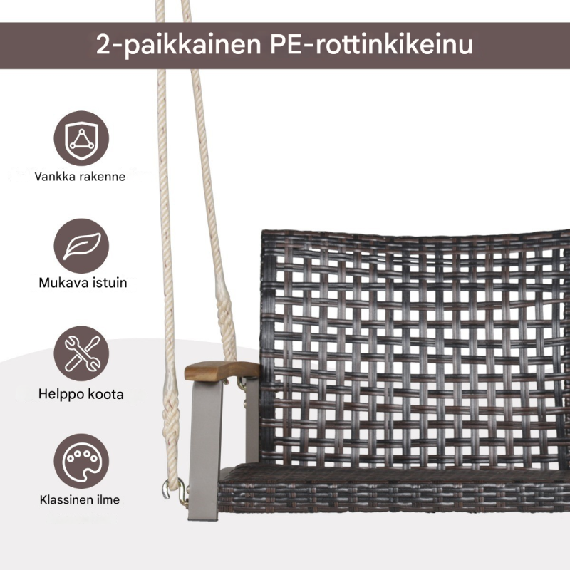 Harmaa ulkokäyttöön sopiva rottinkinen keinupenkki kahdelle henkilölle Harmaa ulkokäyttöön sopiva rottinkinen keinupenkki kahdelle henkilölle