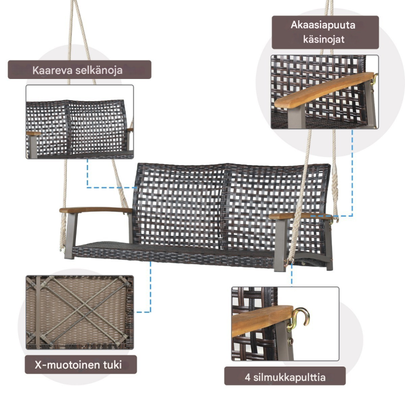 Harmaa ulkokäyttöön sopiva rottinkinen keinupenkki kahdelle henkilölle Harmaa ulkokäyttöön sopiva rottinkinen keinupenkki kahdelle henkilölle
