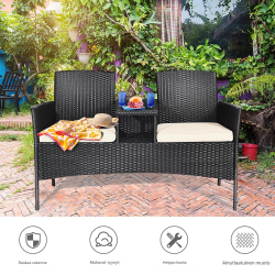 Valkoinen kestävä terassisohva sisäänrakennetulla pöydällä ulkokäyttöön