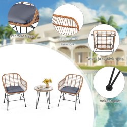 Kolmen osan moderni ruskea rottinkibistrosetti ulkokäyttöön