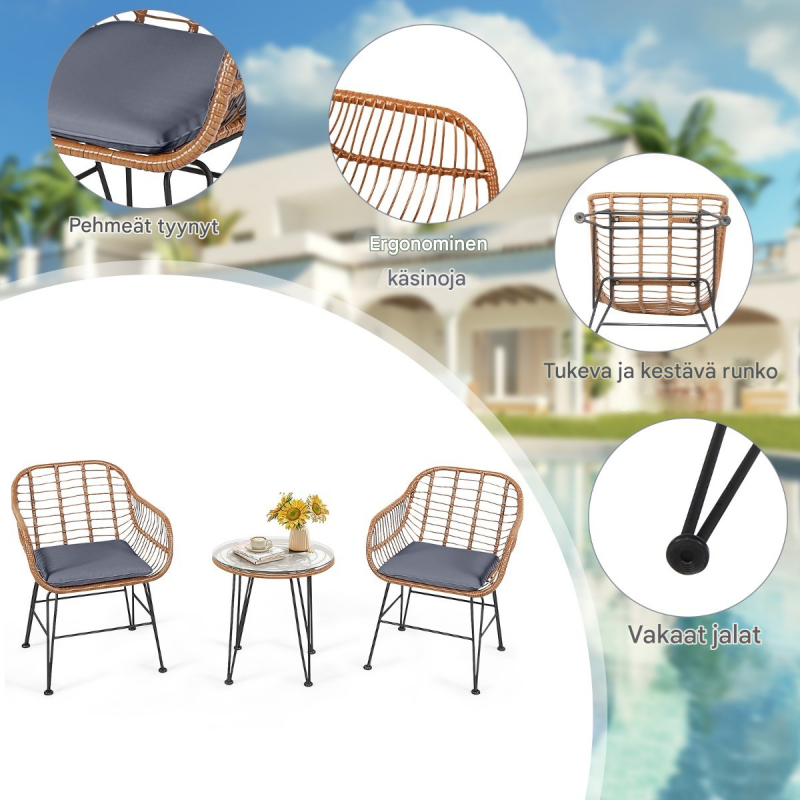 Kolmen osan moderni ruskea rottinkibistrosetti ulkokäyttöön