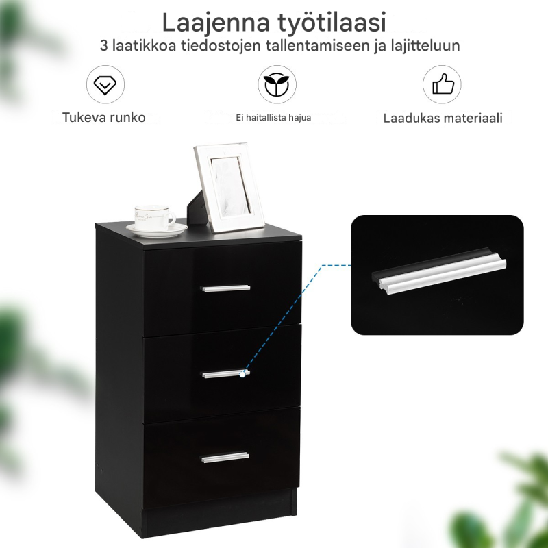 Kaksiosainen musta yöpöytäsetti kolmella laatikolla