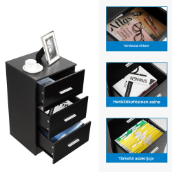 Kaksiosainen musta yöpöytäsetti kolmella laatikolla