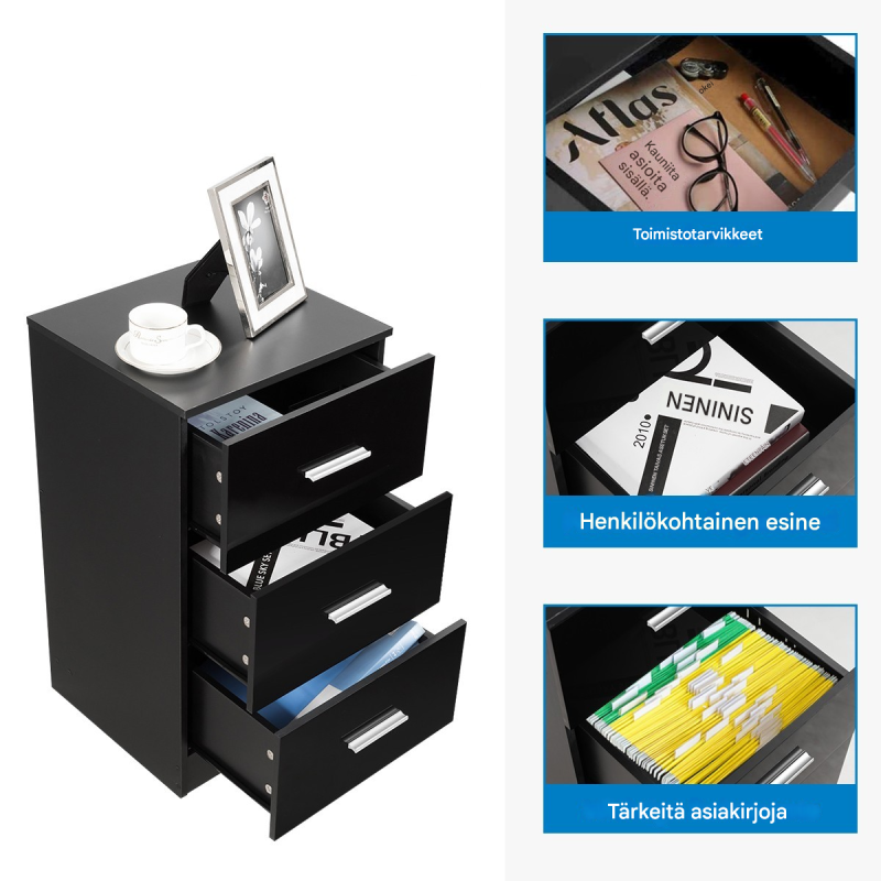 Kaksiosainen musta yöpöytäsetti kolmella laatikolla