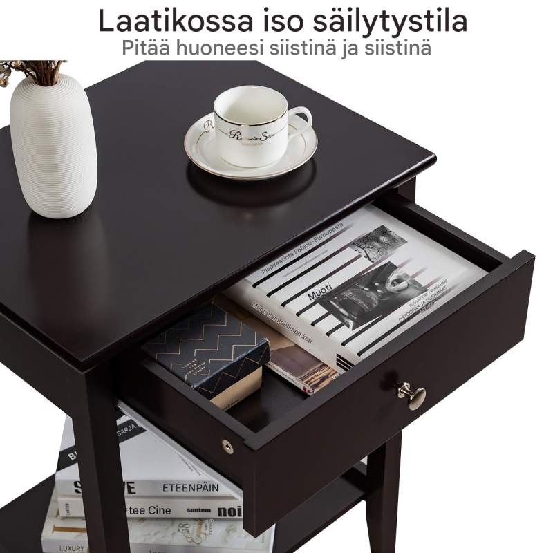 Kaksitasoinen puinen yöpöytä ruskea olohuoneeseen