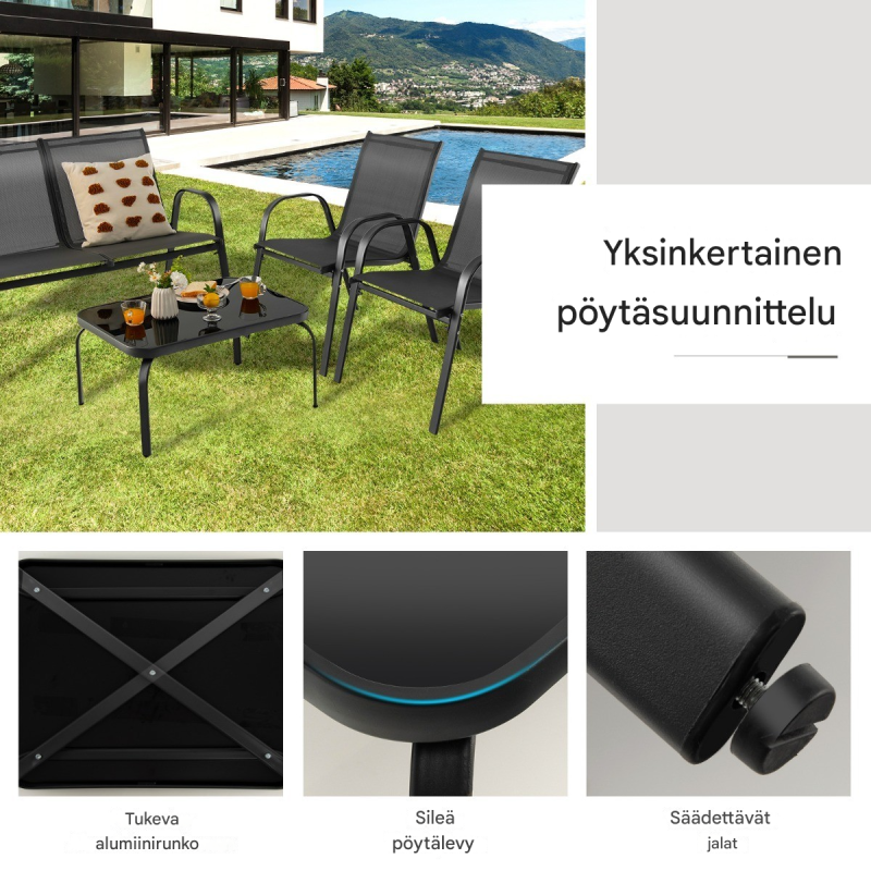 Neljän osan harmaa terassikalustesetti kahvipöydällä ulkokäyttöön