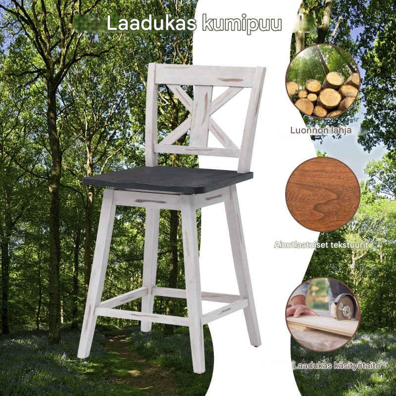 Kaksi valkoista vintage-baarijakkaraa, kääntyvä ja ergonominen