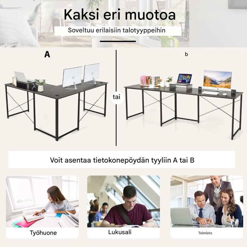 Käännettävä kulmatyöpöytä ja kirjoituspöytä näyttötelineellä musta