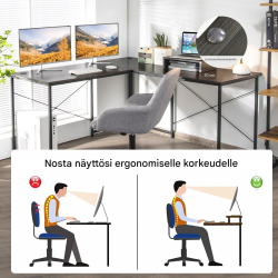 Käännettävä kulmatyöpöytä ja kirjoituspöytä näyttötelineellä musta