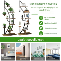 Metallinen puolikuun muotoinen kukkateline, 7-tasoinen, luonnonväri