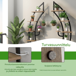 Metallinen puolikuun muotoinen kukkateline, 7-tasoinen, luonnonväri